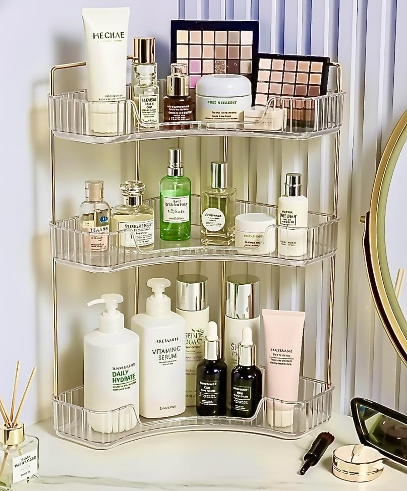 3-Tier Amber Corner Bathroom Countertop Organizer – Luxury Vanity Shelf for Makeup, Perfume, Lotion, Skincare & Cosmetics, Large Capacity Storage Rack for Dresser, Kitchen & Bathroom (Olive)