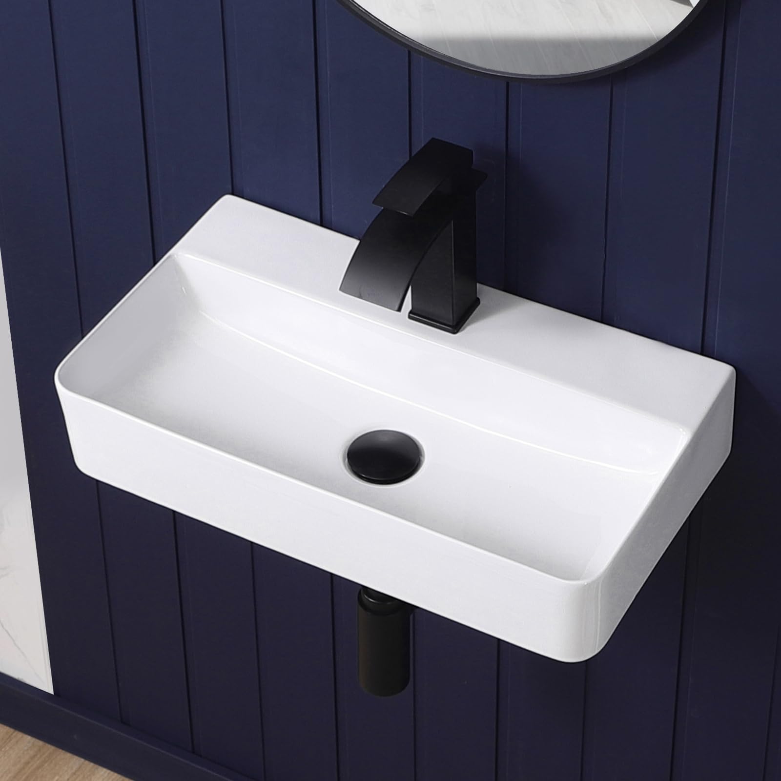Wall Mount Bathroom Vessel Sink 17"x11" Rectangular Floating White Porcelain Ceramic Wall Hung Vanity Basin Sink for Home,RV,Bathroom