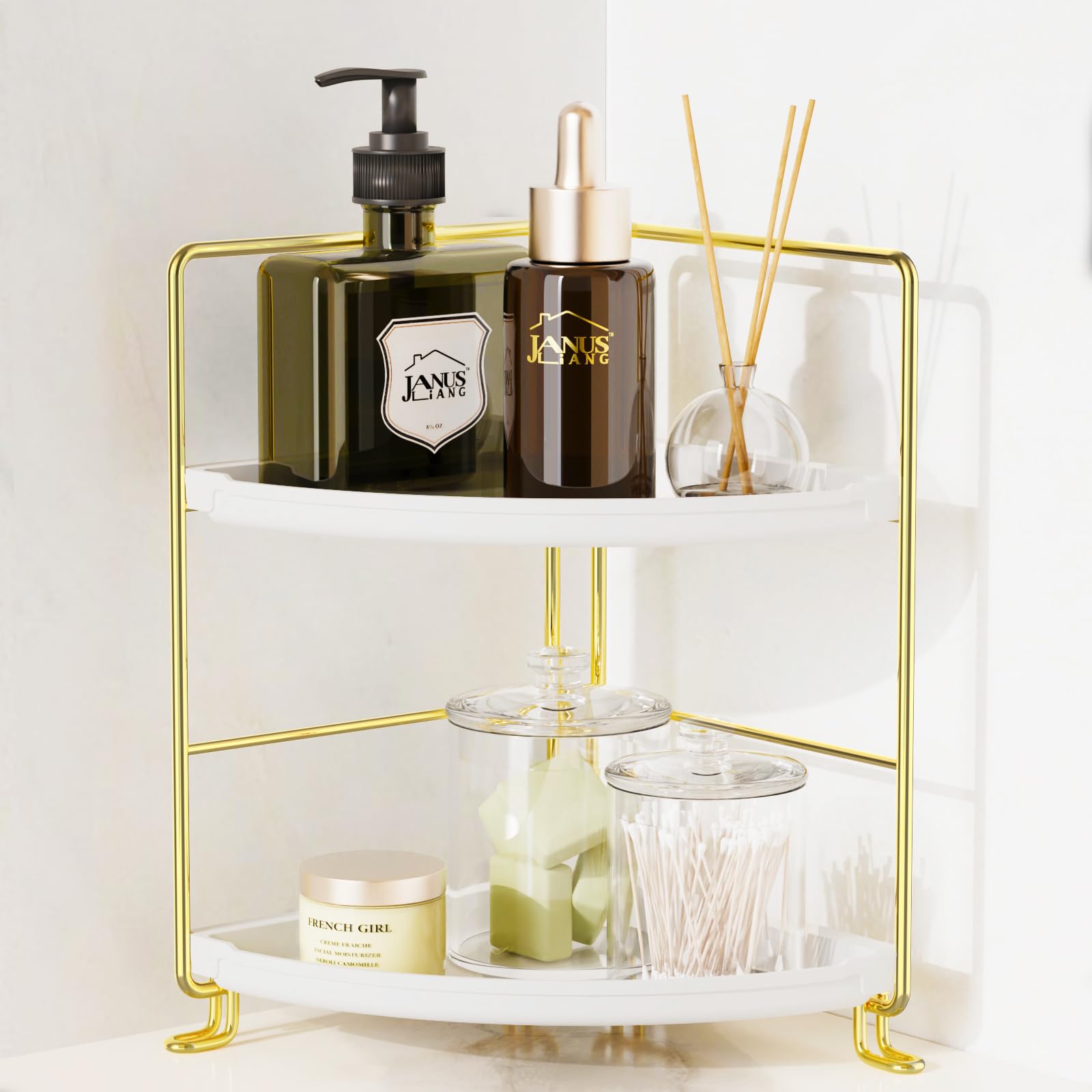 2-Tier Bathroom Organizer Countertop Corner - Makeup Organizer Cosmetic Perfume Holder Bedroom Storage Shelf or Kitchen Spice Rack (Chrome + Black)