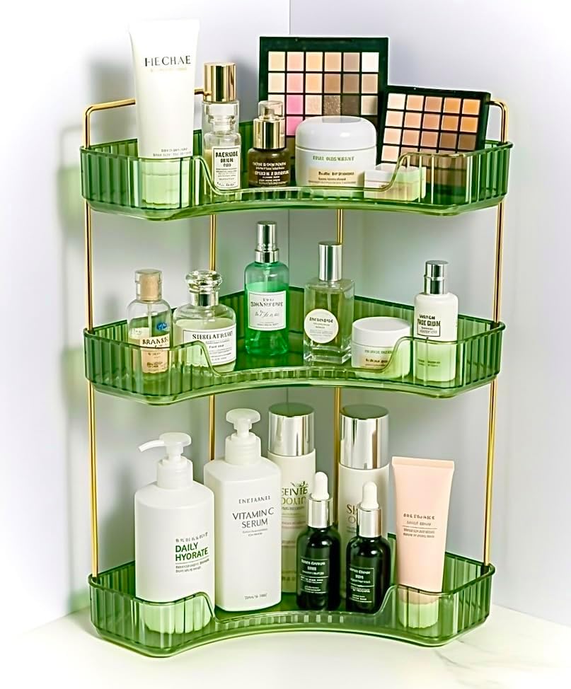 3-Tier Amber Corner Bathroom Countertop Organizer – Luxury Vanity Shelf for Makeup, Perfume, Lotion, Skincare & Cosmetics, Large Capacity Storage Rack for Dresser, Kitchen & Bathroom (Olive)