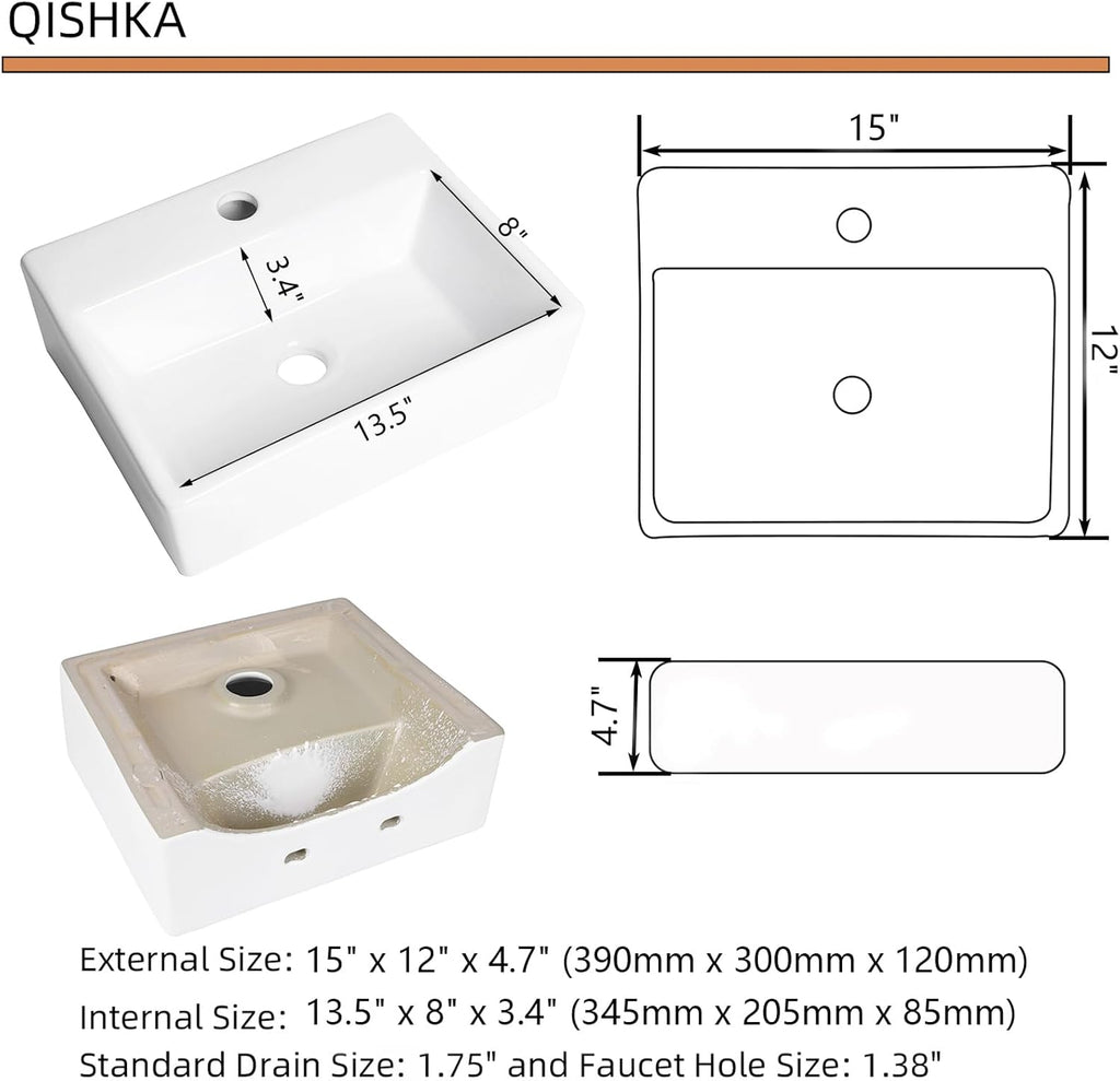 Wall Mounted Bathroom Vessel Sink, QISHKA 15" X 12" Rectangular Floating Ceramic Wash Hand Basin White Wall Hung Vanity Sink for Bathroom and Cloakroom