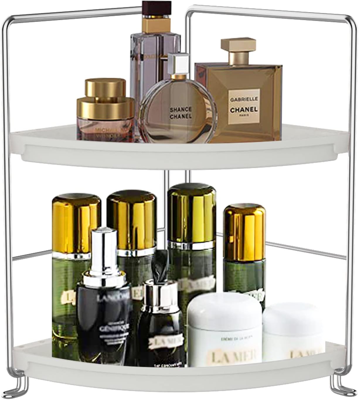 2-Tier Corner Bathroom Sink Countertop Organizer-Vanity Tray Cosmetic & Makeup Storage-Kitchen Spice Rack Standing Shelf,Perfect Storage Shelf for Bathroom,Bedroom,Kitchen,Vanity,Silver