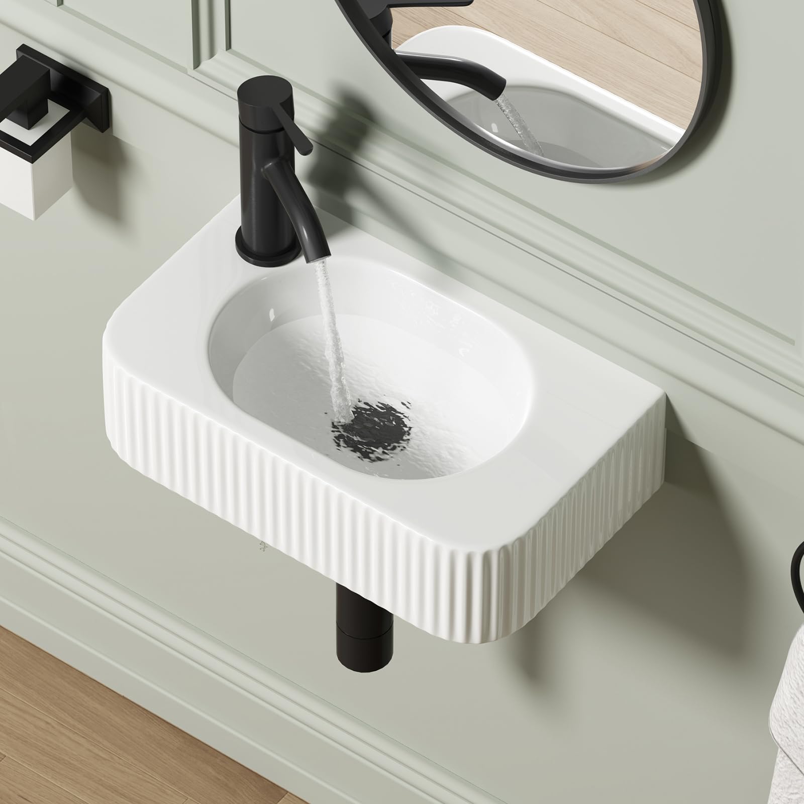 Wall Mounted Bathroom Vessel Sink, QISHKA 15" X 12" Rectangular Floating Ceramic Wash Hand Basin White Wall Hung Vanity Sink for Bathroom and Cloakroom