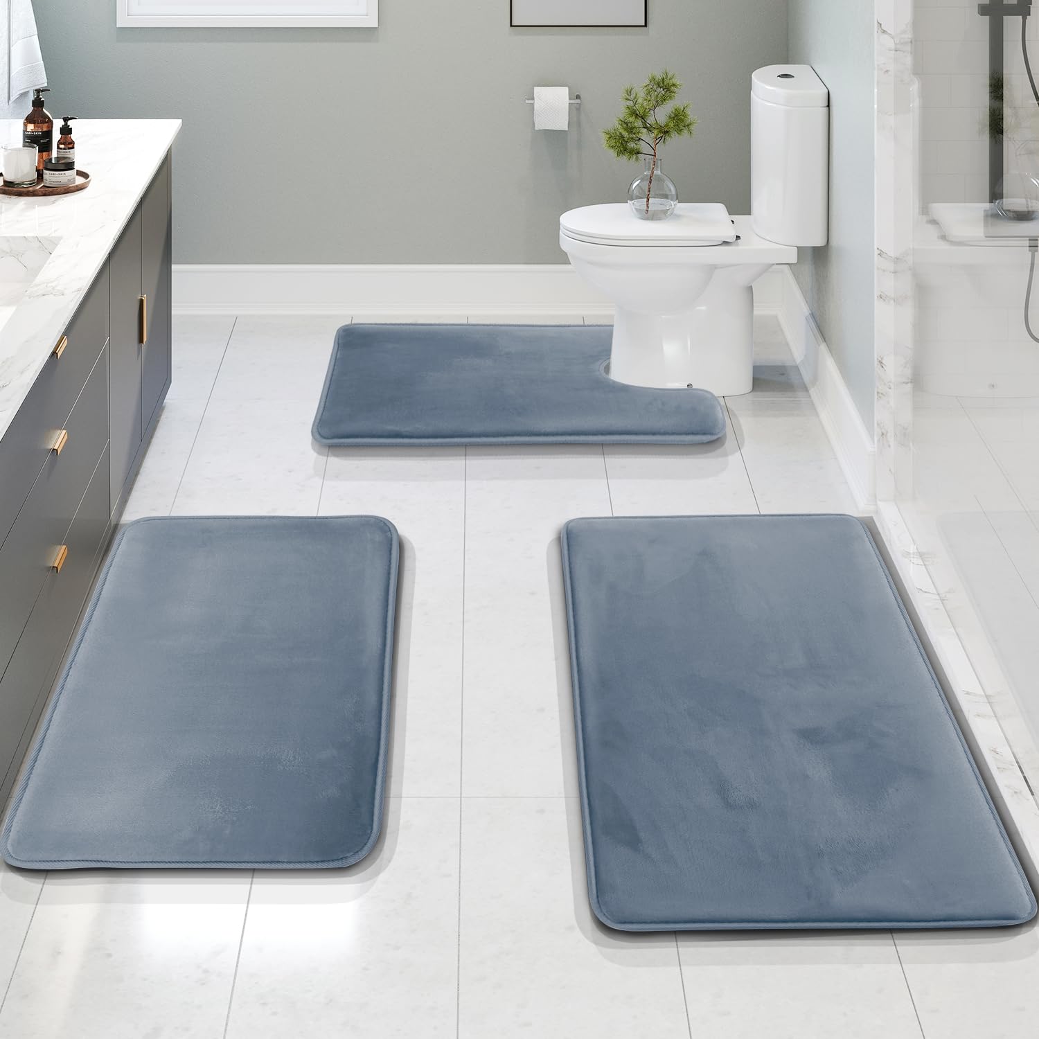Clara Clark 3 Piece Bathroom Rugs Bath Mat Set, Velvet Memory Foam Bath Mats for Bathroom - Non-Slip, PVC Backing Bath Rugs, Washable - Dries Quickly, Black