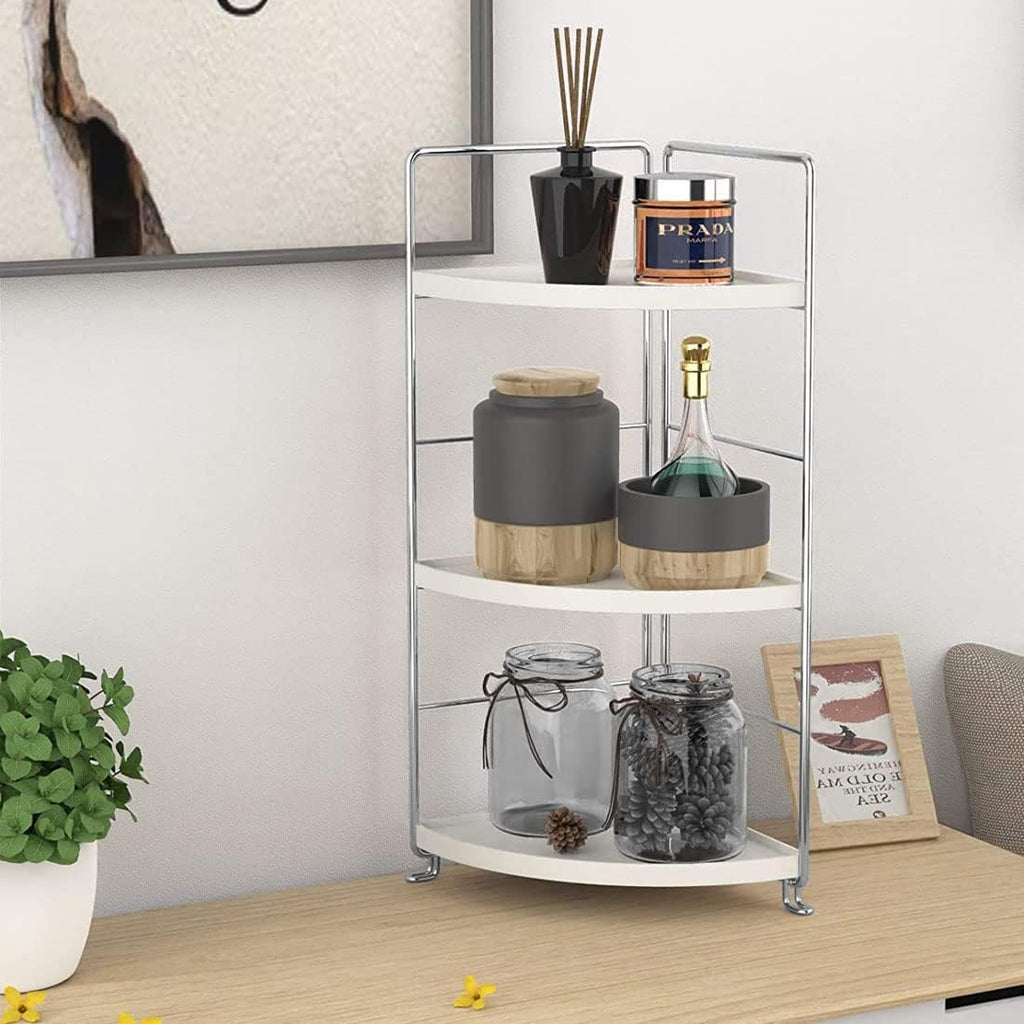 3-Tier Bathroom Countertop Organizer - Vanity Tray Cosmetic & Makeup Storage- Kitchen Spice Rack Standing Shelf - Corner Storage Shelf, Silver