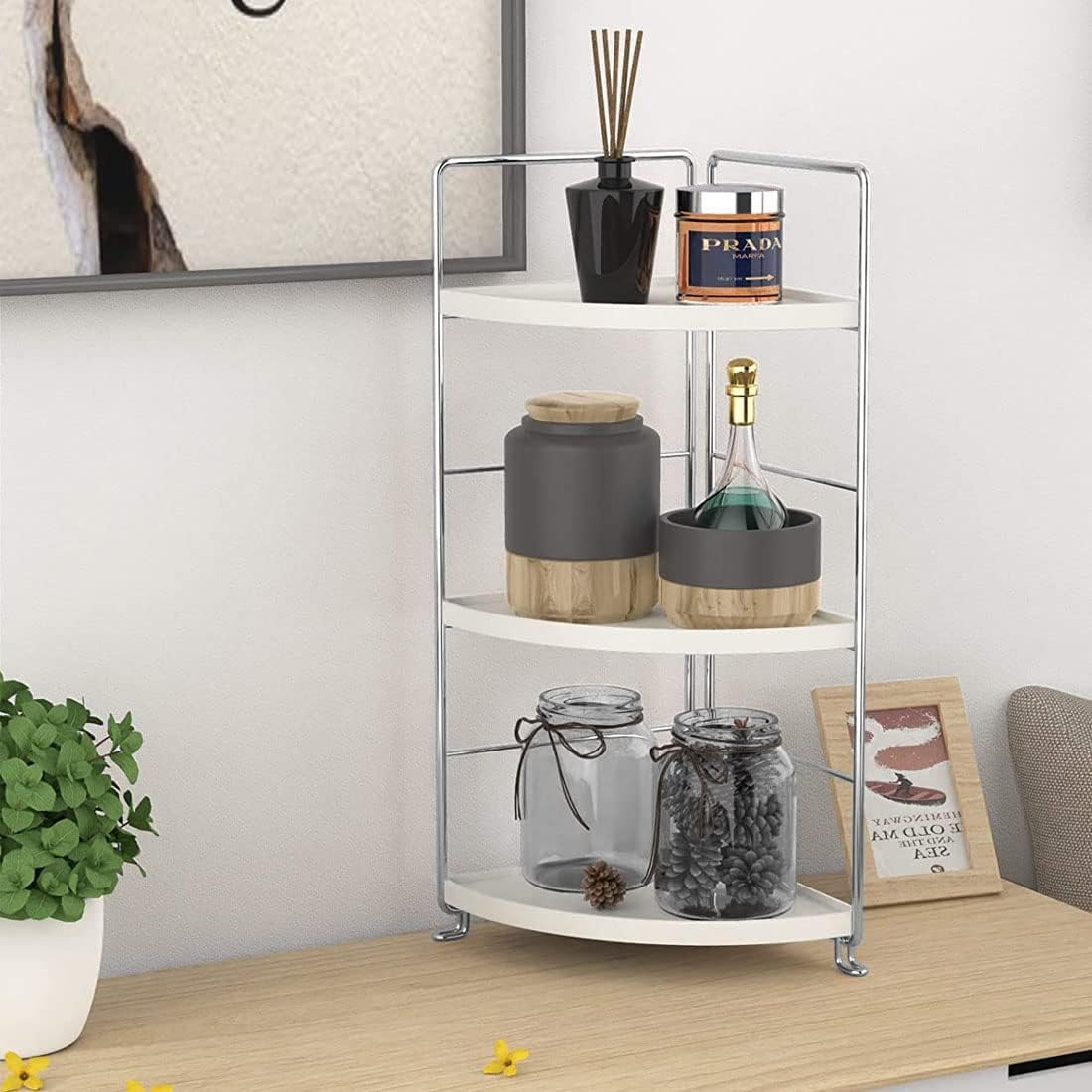 3-Tier Bathroom Countertop Organizer - Vanity Tray Cosmetic & Makeup Storage- Kitchen Spice Rack Standing Shelf - Corner Storage Shelf, Silver