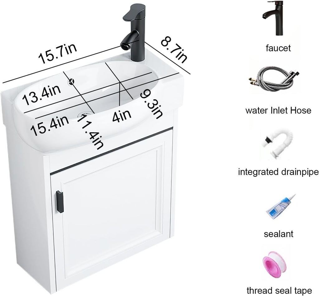 Mini Ultra-Slim 16-inch Wall-Mounted Bathroom Vanity with Sink White Floating Bathroom Vanity with Storage Space Wall-Mounted Bathroom Furniture Ideal for Compact Spaces and Makeup Rooms (16in)