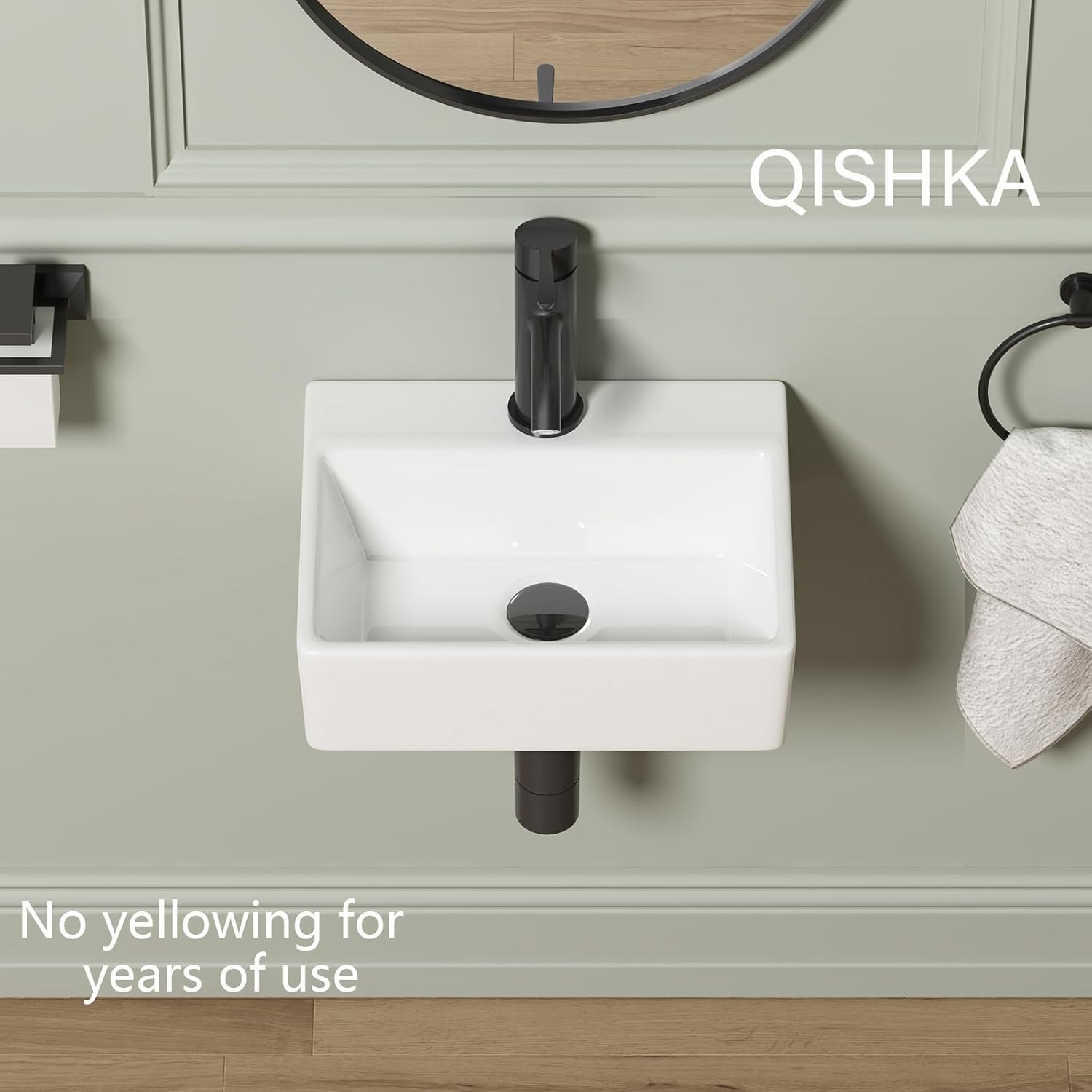 Wall Mounted Bathroom Vessel Sink, QISHKA 15" X 12" Rectangular Floating Ceramic Wash Hand Basin White Wall Hung Vanity Sink for Bathroom and Cloakroom
