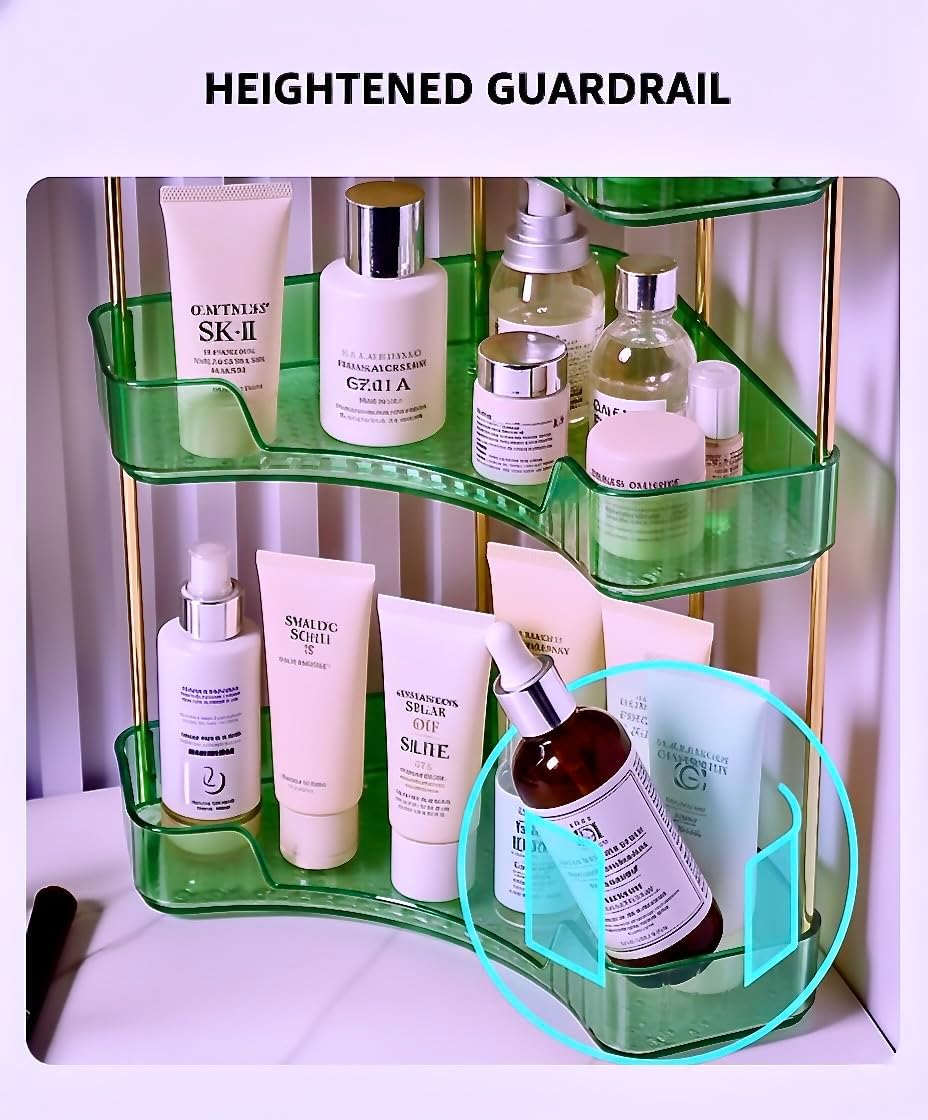 3-Tier Amber Corner Bathroom Countertop Organizer – Luxury Vanity Shelf for Makeup, Perfume, Lotion, Skincare & Cosmetics, Large Capacity Storage Rack for Dresser, Kitchen & Bathroom (Olive)