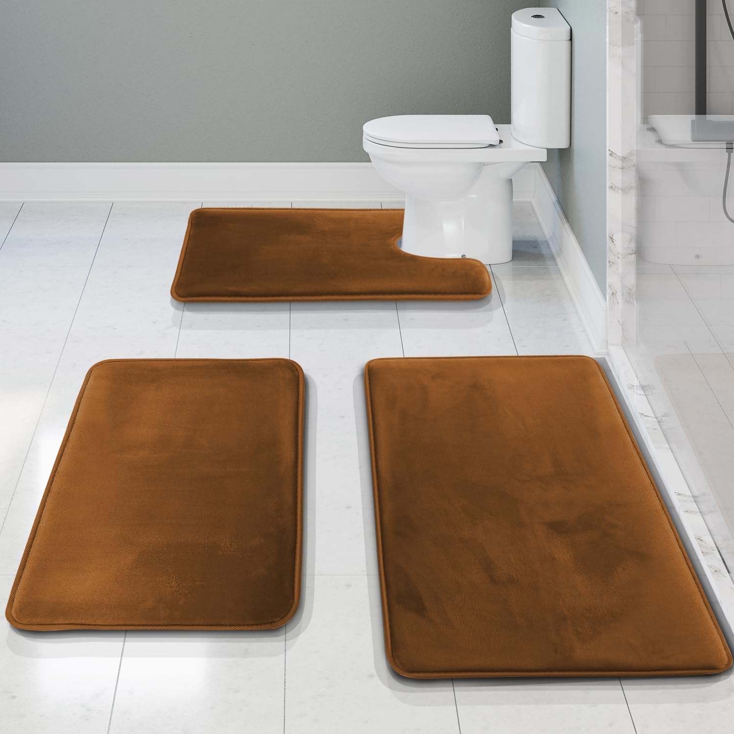 Clara Clark 3 Piece Bathroom Rugs Bath Mat Set, Velvet Memory Foam Bath Mats for Bathroom - Non-Slip, PVC Backing Bath Rugs, Washable - Dries Quickly, Black