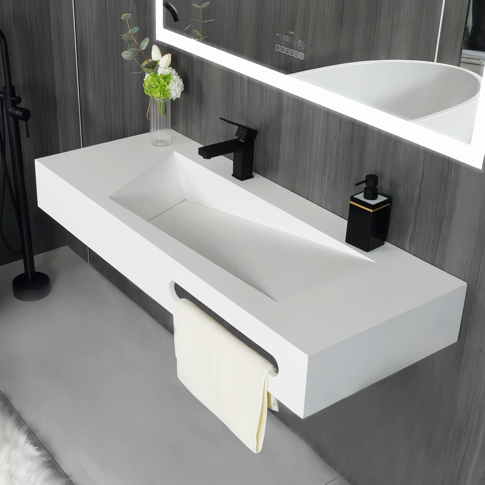 36"x19" Wall Mounted Bathroom Vanity with Sink Stone Resin Floating Vanity Basin Modern Rectangular Vessel White Trough