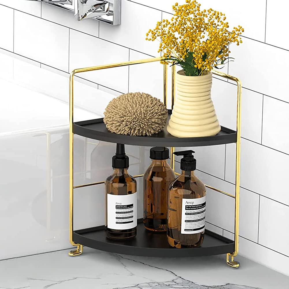 Kitchen Spice Rack Standing Shelf, 2-Tier Corner Storage Shelf, Bathroom Countertop Organizer, Vanity Tray Cosmetic & Makeup Storage, Silver&Black