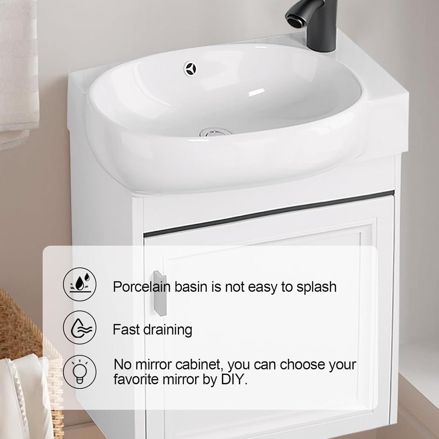 Mini Ultra-Slim 16-inch Wall-Mounted Bathroom Vanity with Sink White Floating Bathroom Vanity with Storage Space Wall-Mounted Bathroom Furniture Ideal for Compact Spaces and Makeup Rooms (16in)