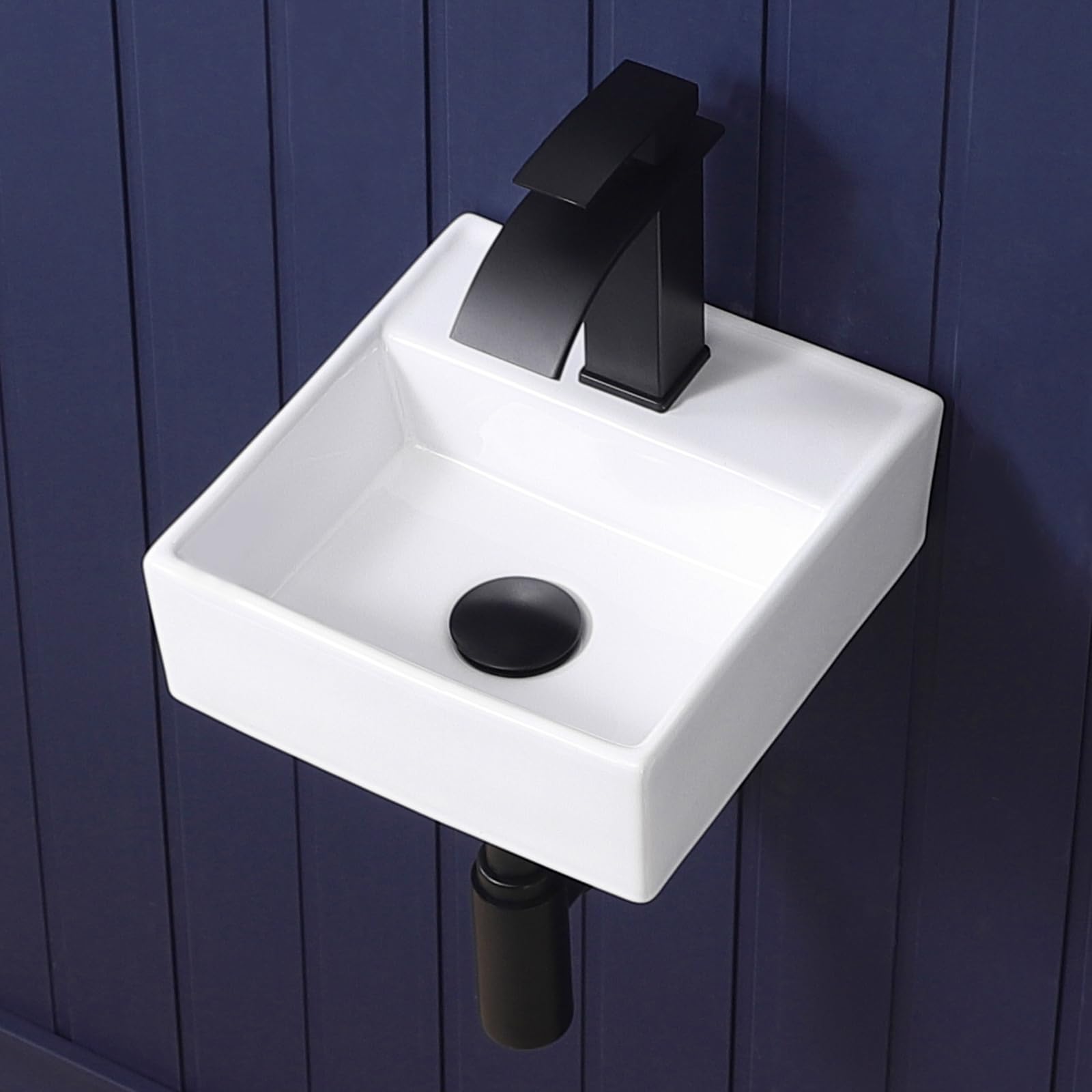 Wall Mount Bathroom Vessel Sink 17"x11" Rectangular Floating White Porcelain Ceramic Wall Hung Vanity Basin Sink for Home,RV,Bathroom