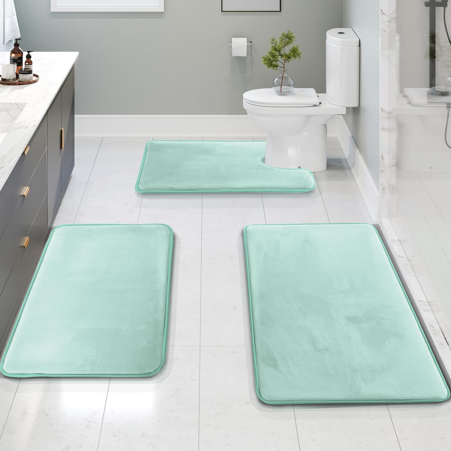 Clara Clark 3 Piece Bathroom Rugs Bath Mat Set, Velvet Memory Foam Bath Mats for Bathroom - Non-Slip, PVC Backing Bath Rugs, Washable - Dries Quickly, Black