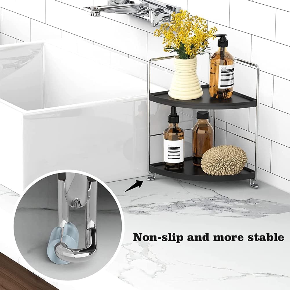 Kitchen Spice Rack Standing Shelf, 2-Tier Corner Storage Shelf, Bathroom Countertop Organizer, Vanity Tray Cosmetic & Makeup Storage, Silver&Black