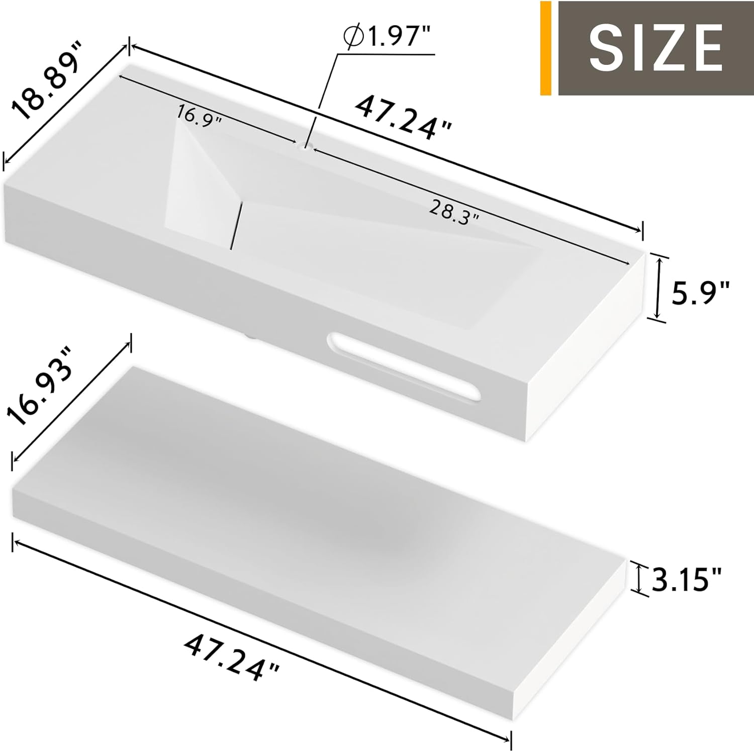 QJ&XY Resin Bathroom Sink 48" Wall Mounted V-Shaped White Basin with Towel Rack, Floating Vanity Sink in Soft-Touch Finish (Double Tier)