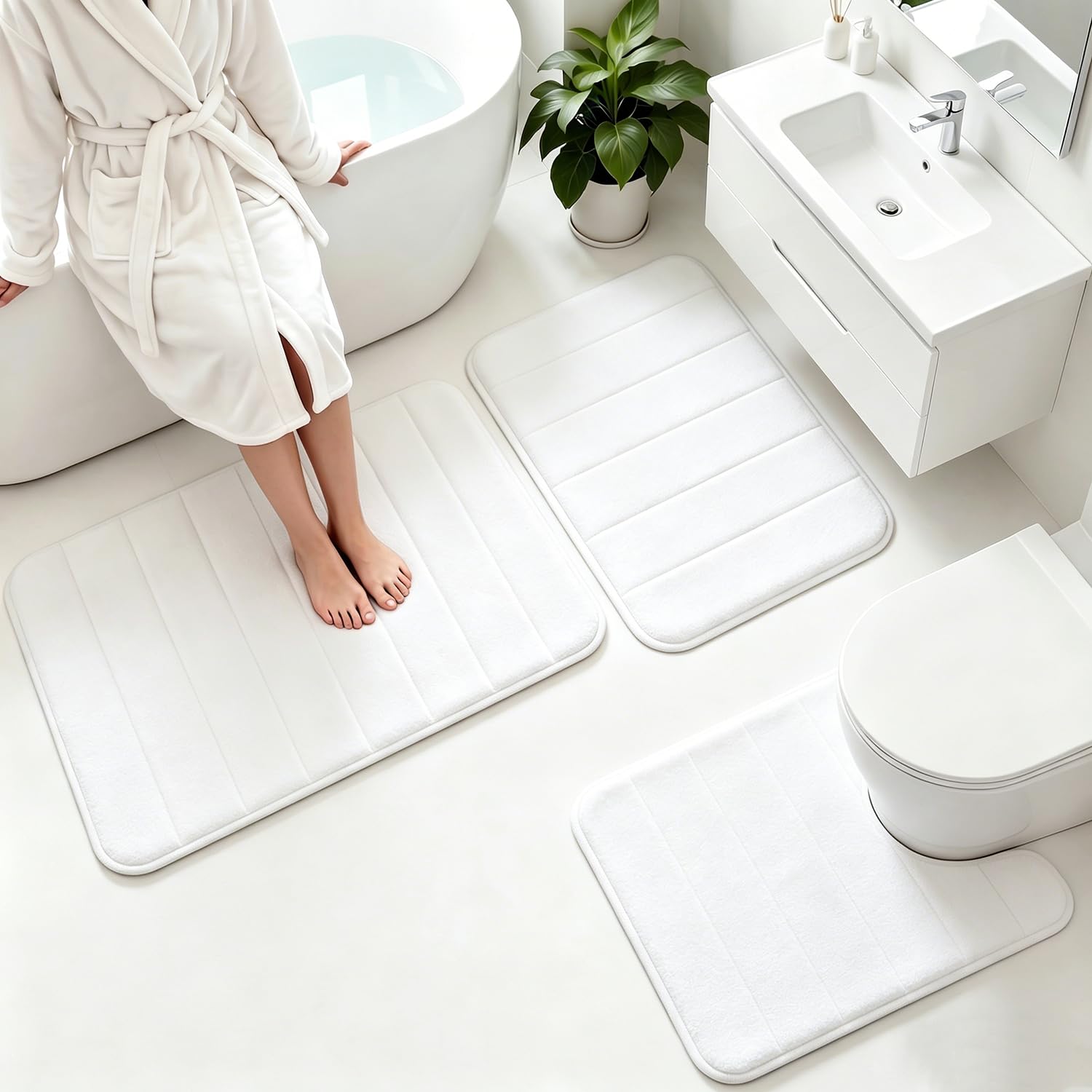 Memory Foam Bath Mat Set 3 Piece，Super Soft Absorbent Bathroom Rug Non Slip, Quick Dry,Machine Wash, Perfect Plush Bathroom Rugs,Home Decor Accessories,Grey