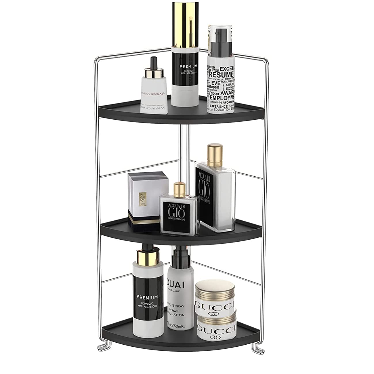 3-Tier Bathroom Countertop Organizer - Vanity Tray Cosmetic & Makeup Storage- Kitchen Spice Rack Standing Shelf - Corner Storage Shelf, Silver