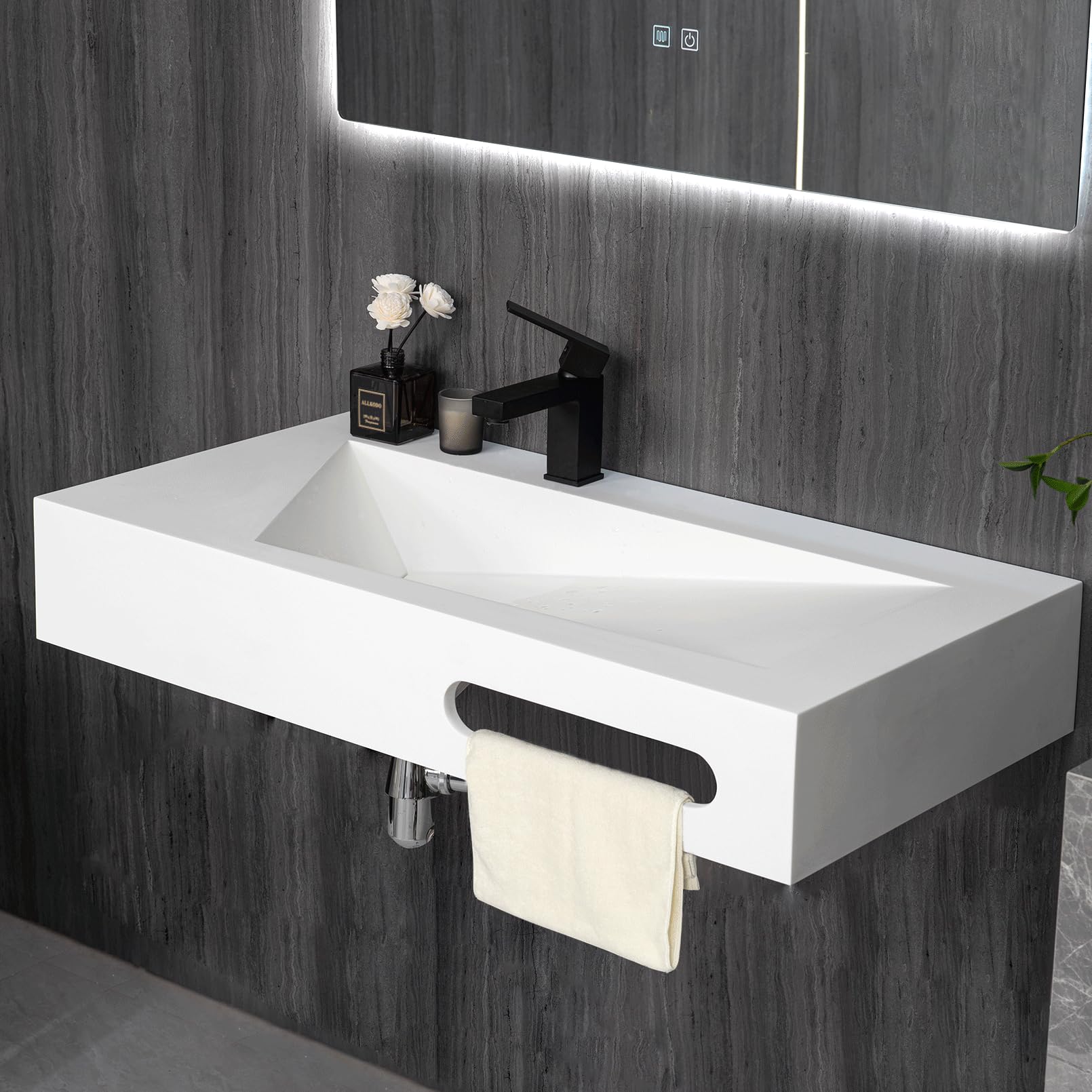 36"x19" Wall Mounted Bathroom Vanity with Sink Stone Resin Floating Vanity Basin Modern Rectangular Vessel White Trough