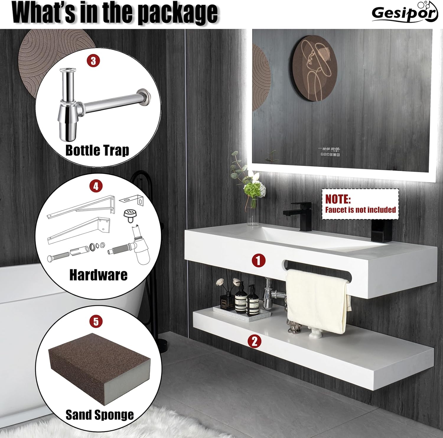 32"x19" Wall Mount Bathroom Vanity with Sink Stone Resin Floating Vanity Sink Rectangular Vessel Sinks for Bathroom White Trough Art Basin with Shelf Layer