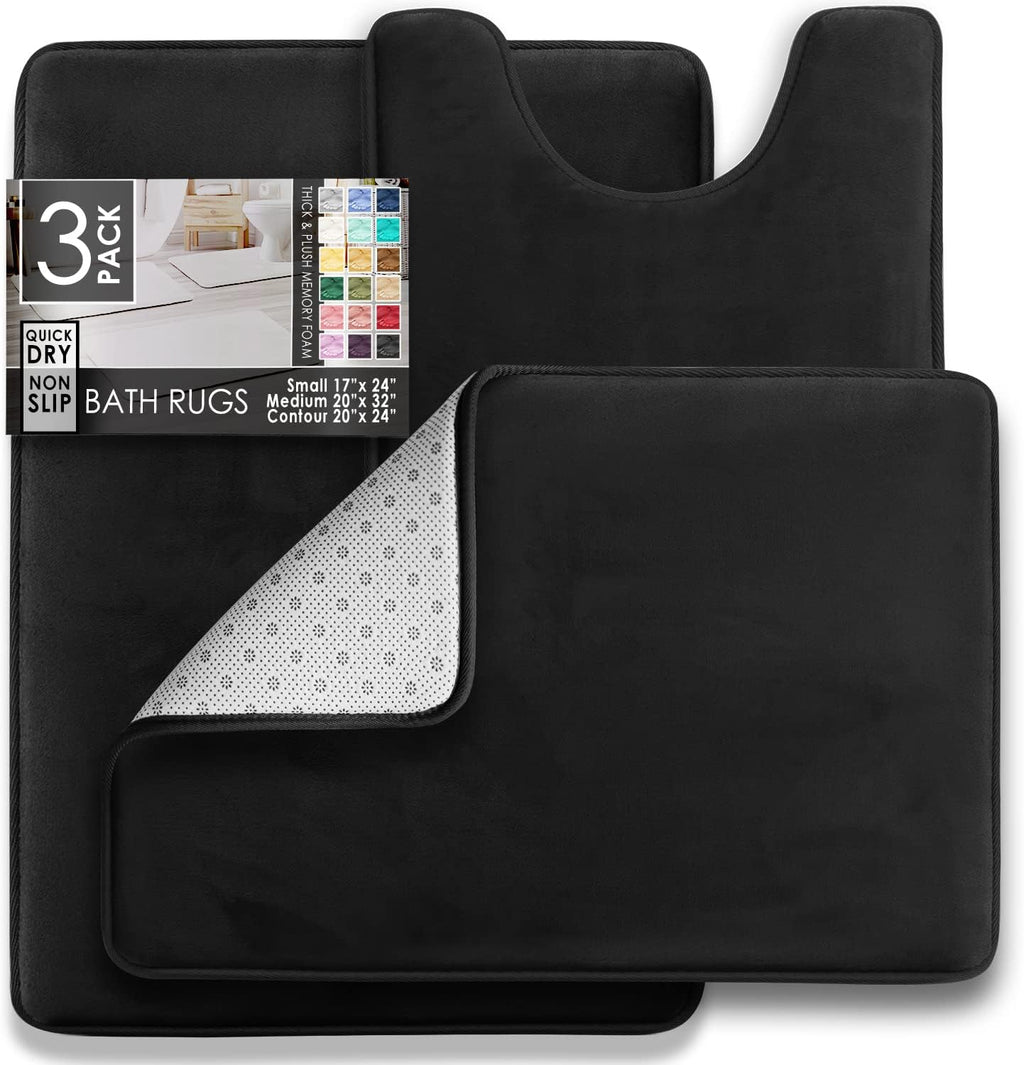 Clara Clark 3 Piece Bathroom Rugs Bath Mat Set, Velvet Memory Foam Bath Mats for Bathroom - Non-Slip, PVC Backing Bath Rugs, Washable - Dries Quickly, Black