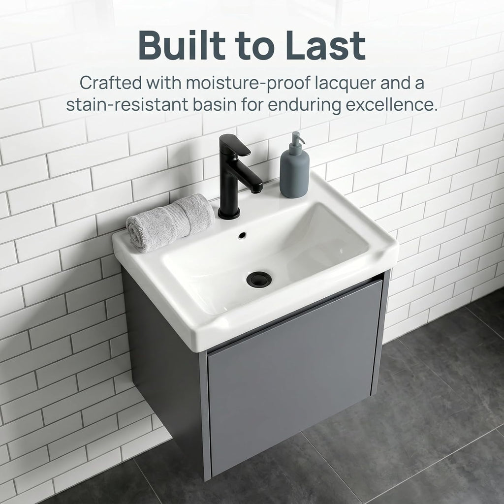 Modern-style 17in wall-mounted bathroom vanity with a ceramic sink and a compact floating vanity cabinet featuring soft-close doors,a storage solution designed specifically for small bathrooms (Gray)