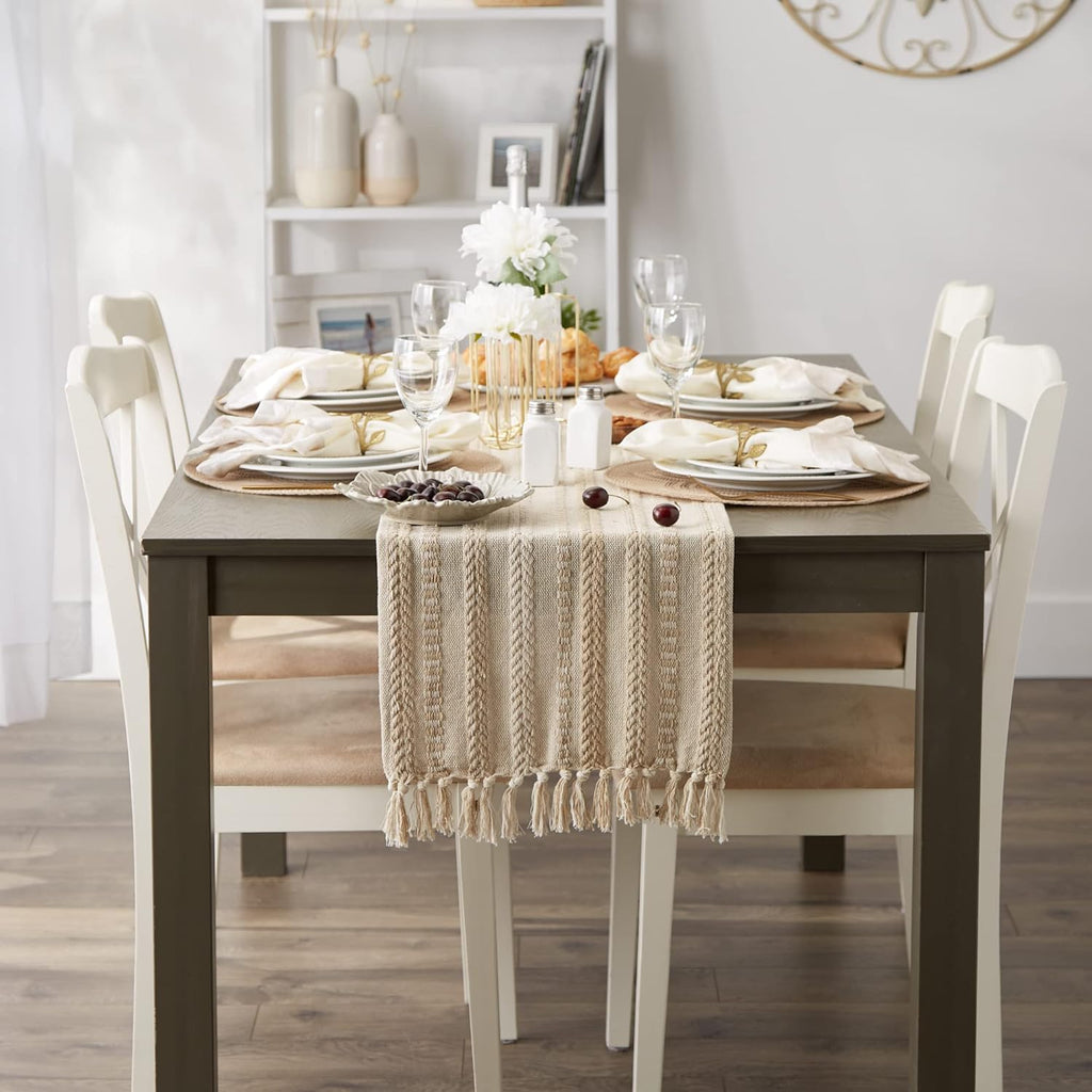 DII Farmhouse Braided Stripe Table Runner Collection, 15x108 (15x113, Fringe Included), Vintage Linen