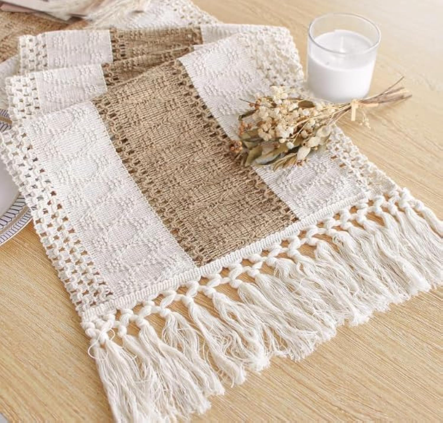 FEXIA Boho Table Runner with Tassels for Summer Home Decor Farmhouse Rustic Burlap Table Decoration for Living Room Dining Room Graduation Decor (12x72 Inches)