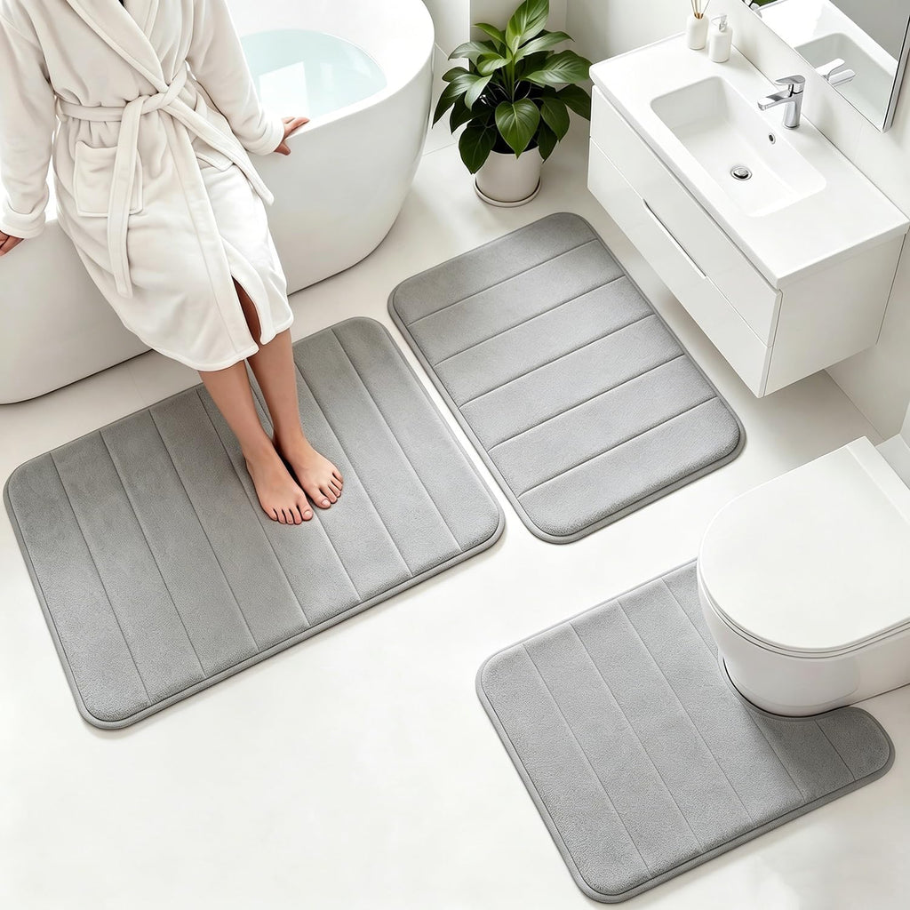 Memory Foam Bath Mat Set 3 Piece，Super Soft Absorbent Bathroom Rug Non Slip, Quick Dry,Machine Wash, Perfect Plush Bathroom Rugs,Home Decor Accessories,Grey