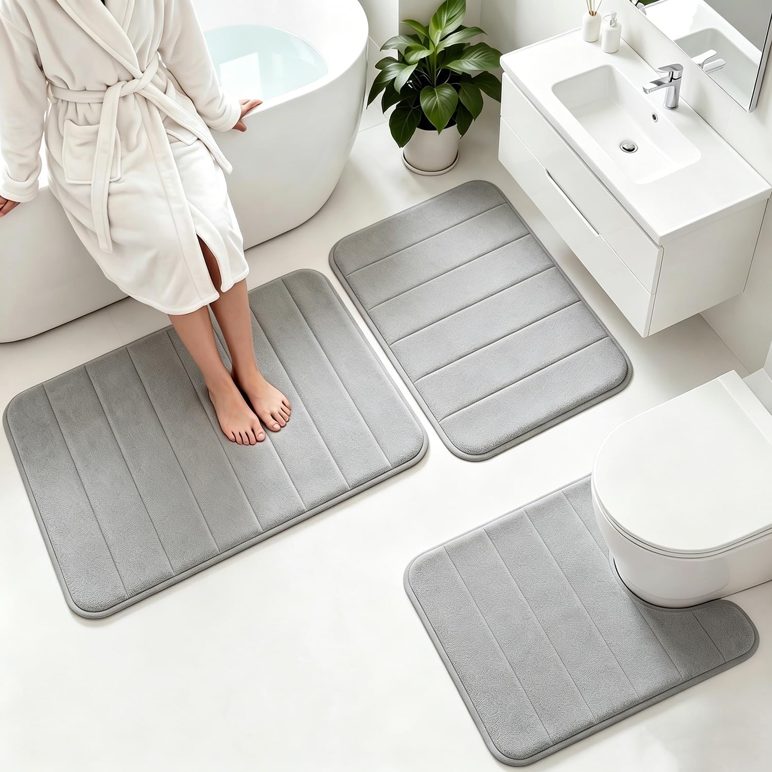 Memory Foam Bath Mat Set 3 Piece，Super Soft Absorbent Bathroom Rug Non Slip, Quick Dry,Machine Wash, Perfect Plush Bathroom Rugs,Home Decor Accessories,Grey