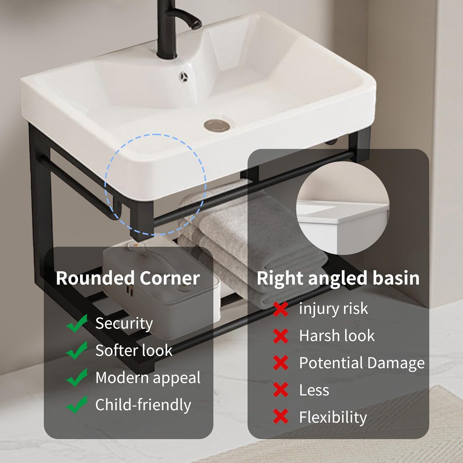 20-inch black floating wall-mounted bathroom sink with ceramic basin and open shelf, compact design specifically designed for small spaces