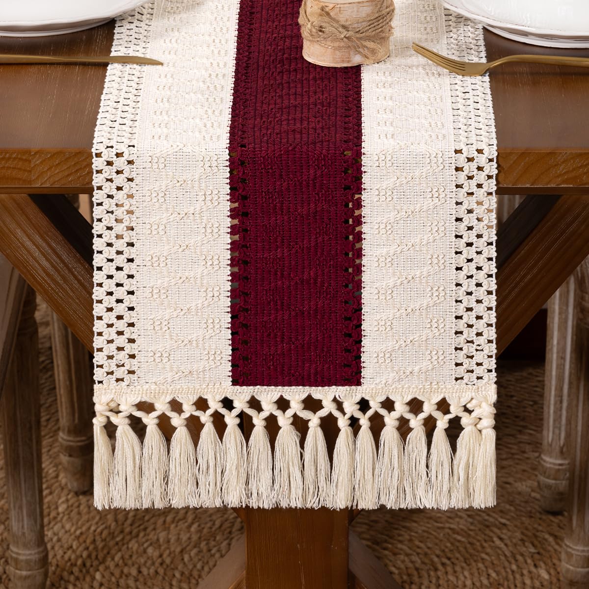 DeZerlor Boho Macrame Table Runner Farmhouse Woven Small Table Runner with Tassels 48 Inches Ivory& Burlap Brown Cotton Linen Kitchen Table Decor for Dining Dresser Home Tea Table Decor