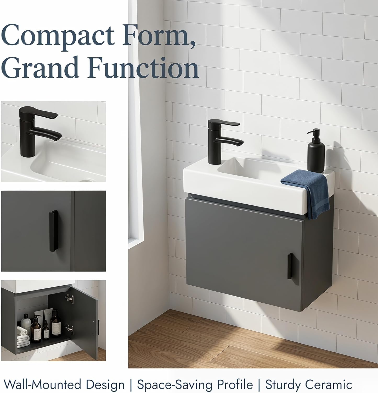 15-inch Solid Wood Wall-Mounted Bathroom Vanity Set with Integrated Ceramic Sink, Solid Wood Wall-Mounted Vanity, Compact Vanity Designed Specifically for Small Bathrooms