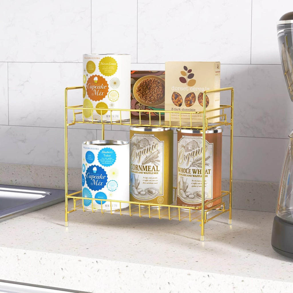 NLBTW 2 Tier Bathroom Organizer Countertop with Transparent Liner, Perfume Organizers Vanity Tray Makeup Shelf and Storage or Kitchen Spice Rack Corner Countertop Shelf Cosmetic Holder -Gold