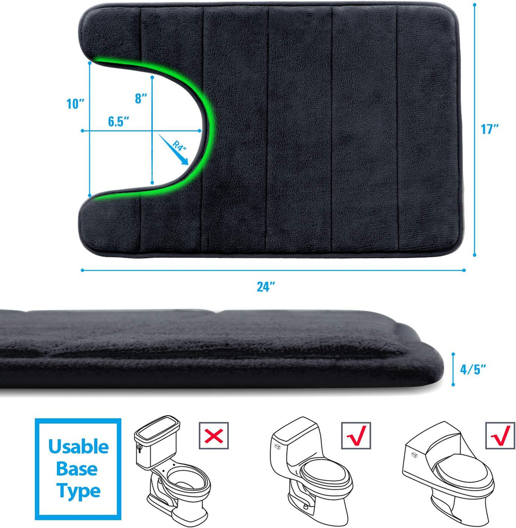 Betus U-Shaped Contour Memory Foam Toilet Mat - Non-Slip Backing, Water Absorbent, Machine Washable, Super Cozy - Luxurious Velvet Comfort Washroom Rug - 16"x24" (Black)