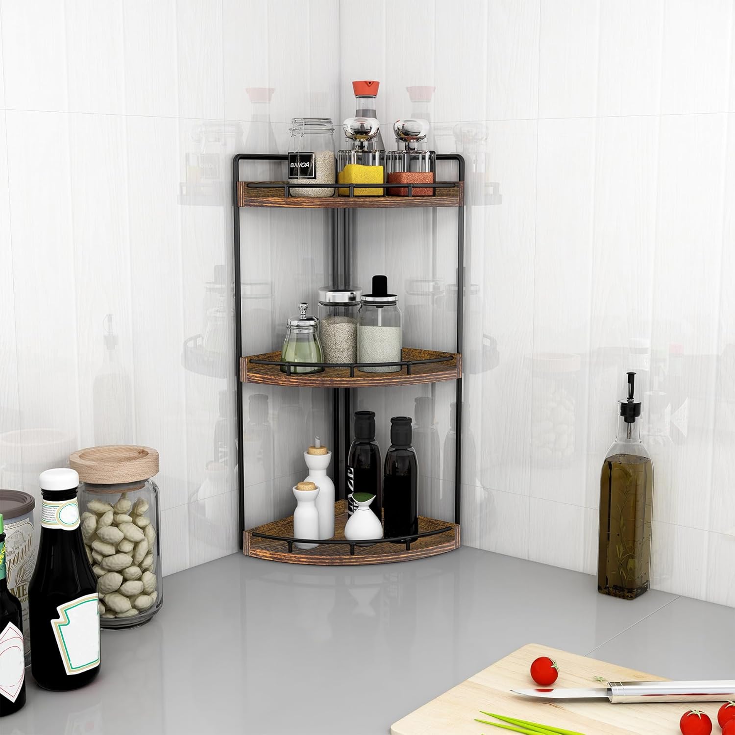 Dorhors 3-Tier Corner Bathroom Organizer Countertop for Storage,Vanity Tray,Wood Counter Organizer for Kitchen,Bathroom,Dresser (Dark Red)