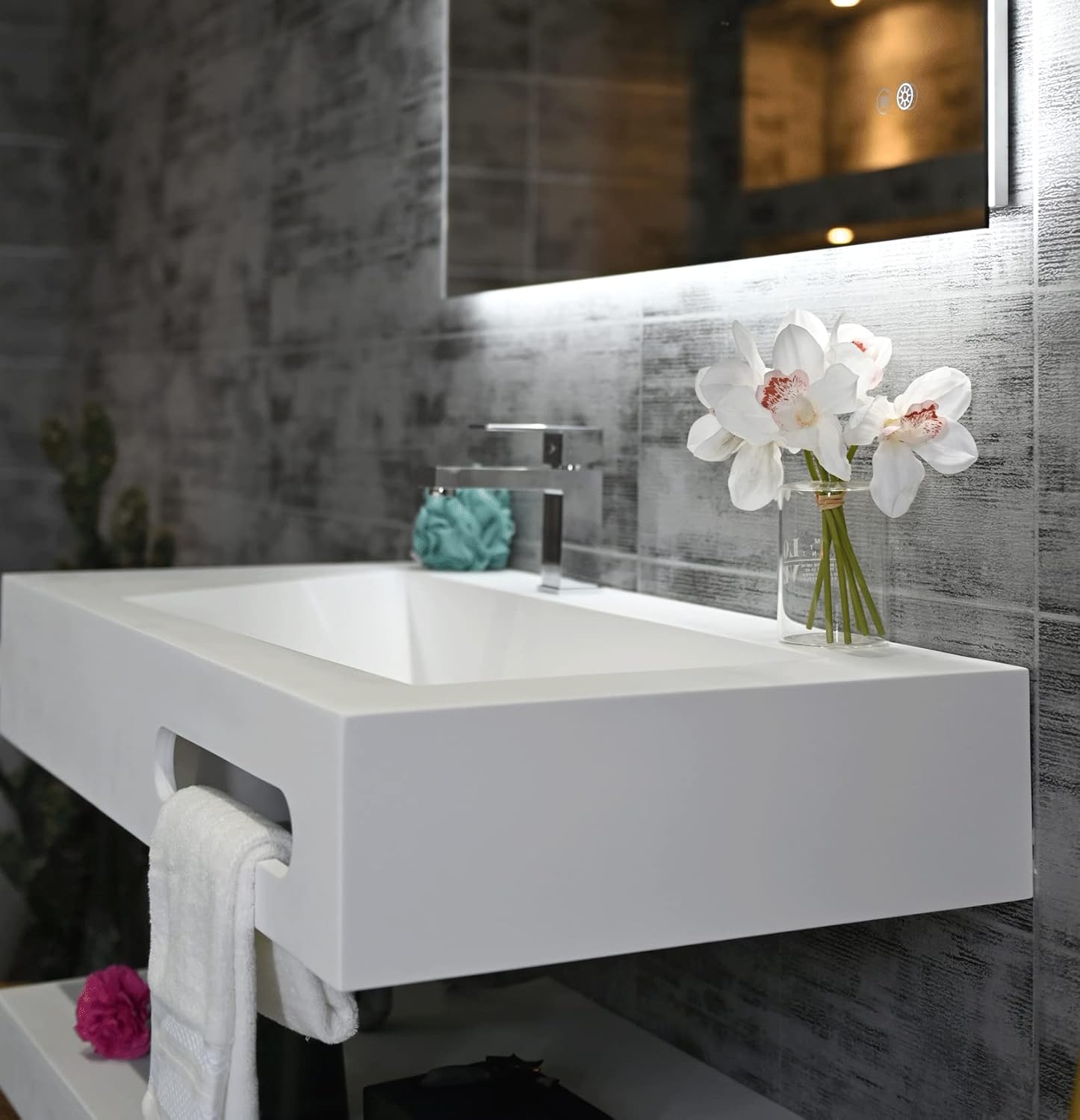 36"x19" Wall Mounted Bathroom Vanity with Sink Stone Resin Floating Vanity Basin Modern Rectangular Vessel White Trough