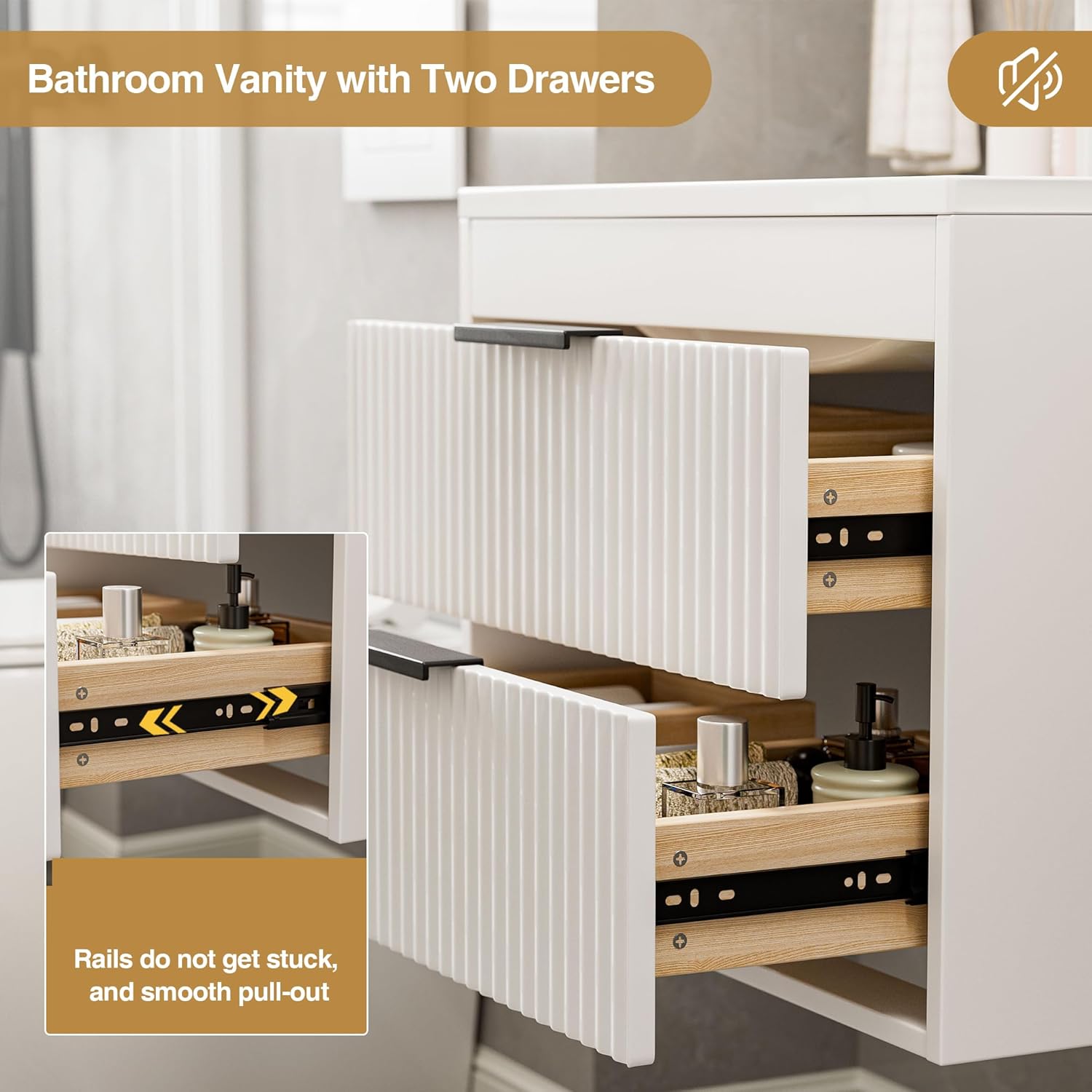 24 Inches Modern MDF Bathroom Vanity with Sink, Wall Mounted Floating Cabinets w/Double Drawers, Black Handles, White Resin Sink Combo Set (White, 24")