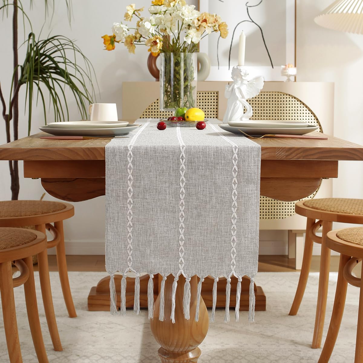 Wracra Rustic Linen Table Runner Farmhouse Style Table Runners 72 inches Long Embroidered Fall Table Runner with Hand-Tassels for Party, Dresser and Dining Room Decorations(Light Coffee, 13"×72")