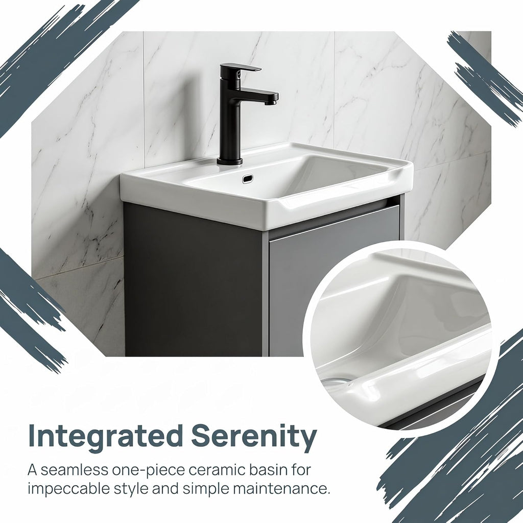 Modern-style 17in wall-mounted bathroom vanity with a ceramic sink and a compact floating vanity cabinet featuring soft-close doors,a storage solution designed specifically for small bathrooms (Gray)
