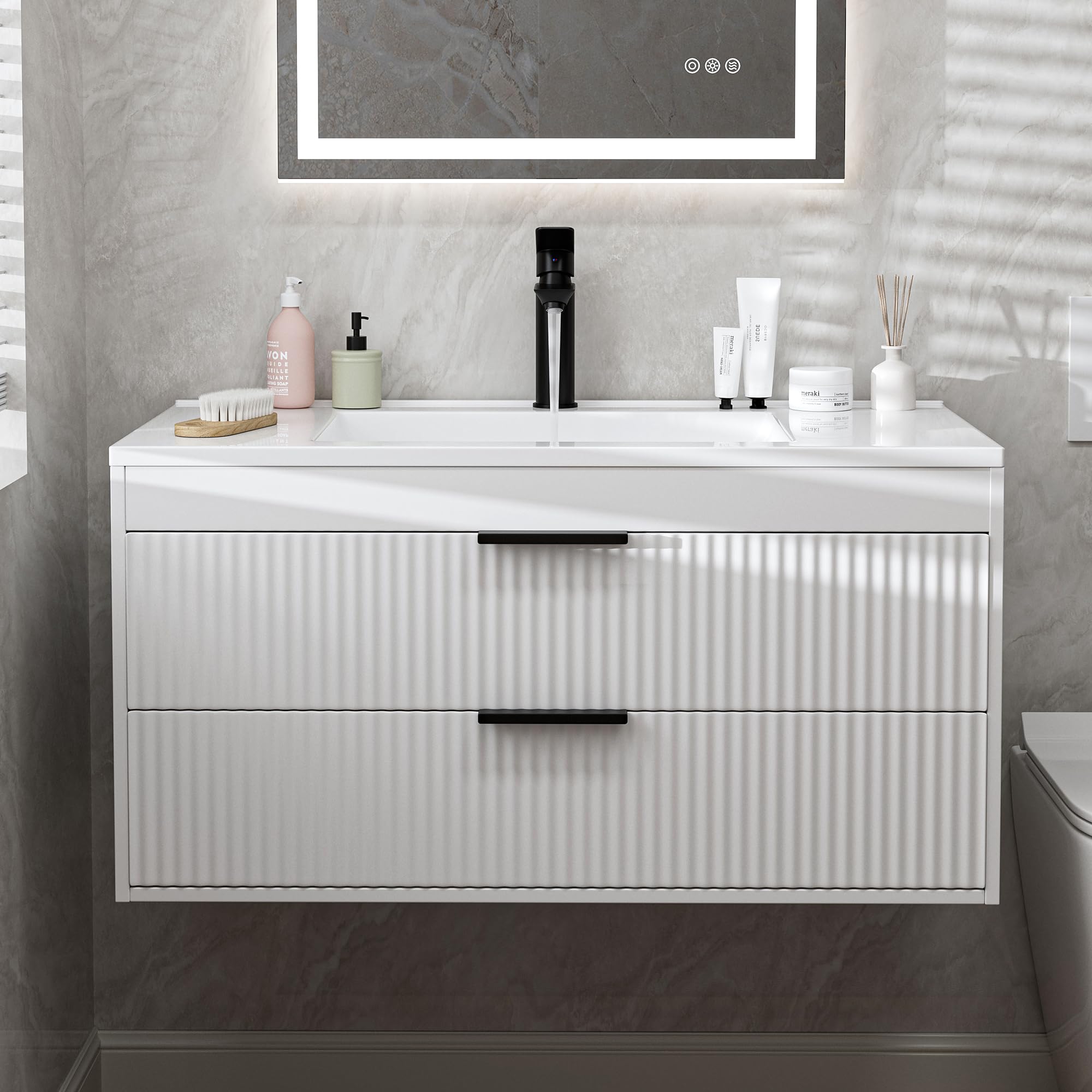 24 Inches Modern MDF Bathroom Vanity with Sink, Wall Mounted Floating Cabinets w/Double Drawers, Black Handles, White Resin Sink Combo Set (White, 24")