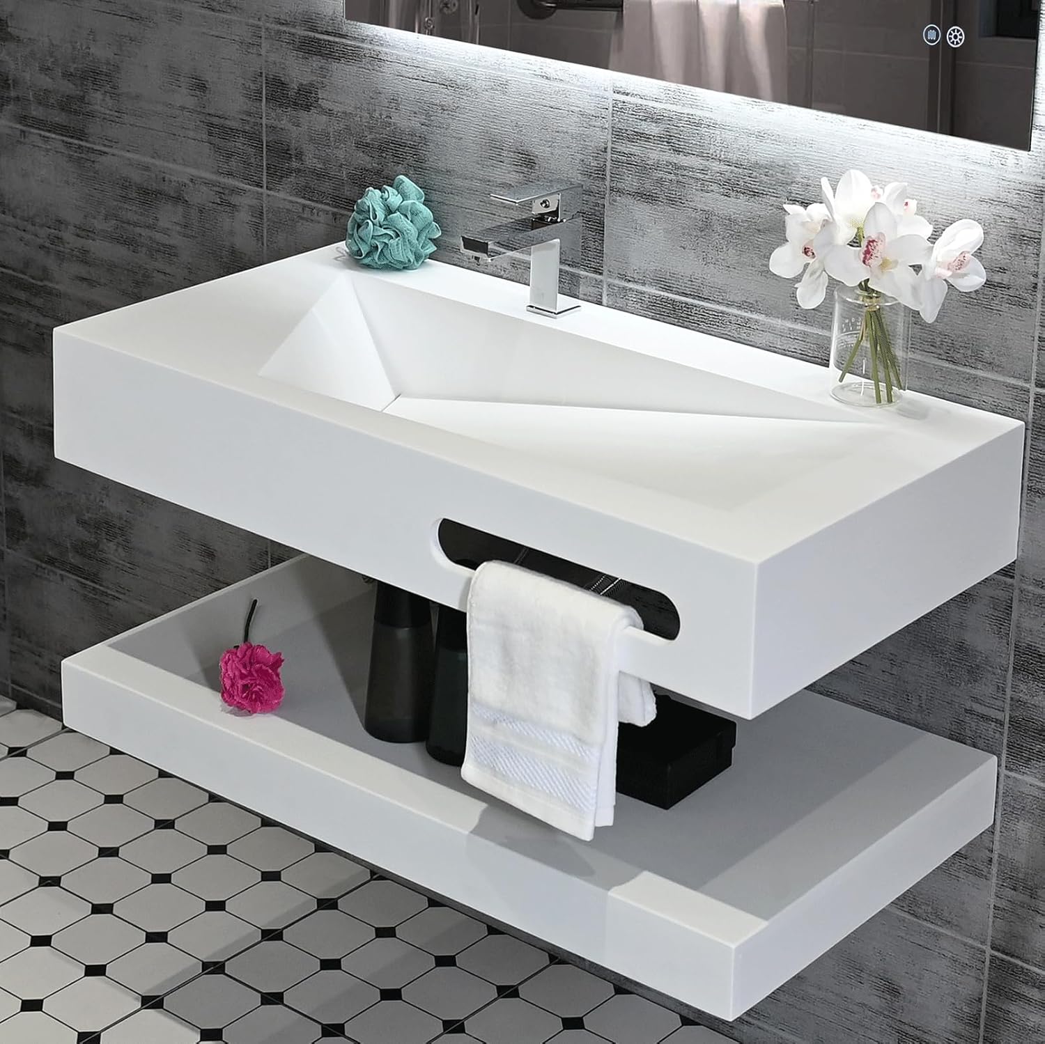 32"x19" Wall Mount Bathroom Vanity with Sink Stone Resin Floating Vanity Sink Rectangular Vessel Sinks for Bathroom White Trough Art Basin with Shelf Layer