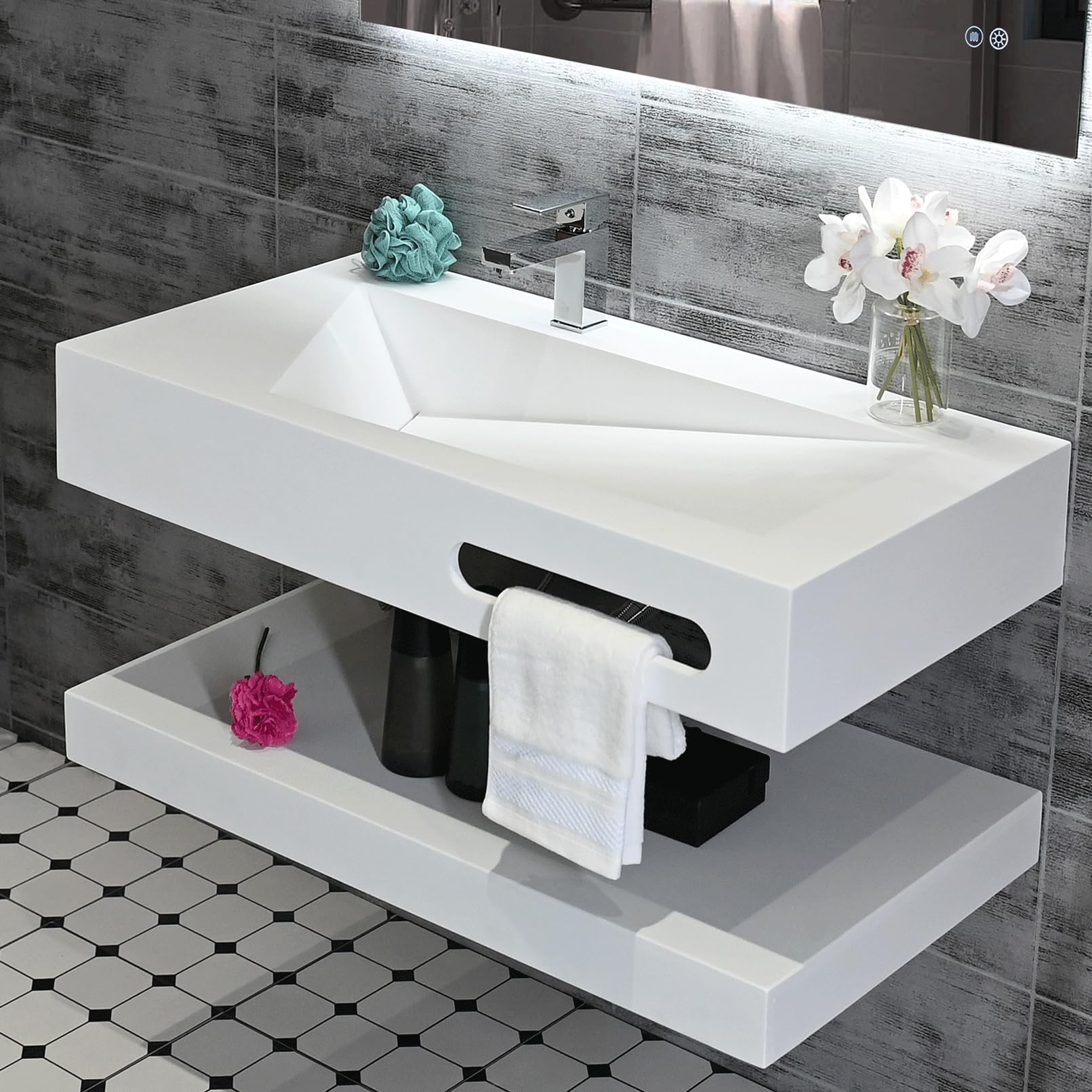 32"x19" Wall Mount Bathroom Vanity with Sink Stone Resin Floating Vanity Sink Rectangular Vessel Sinks for Bathroom White Trough Art Basin with Shelf Layer
