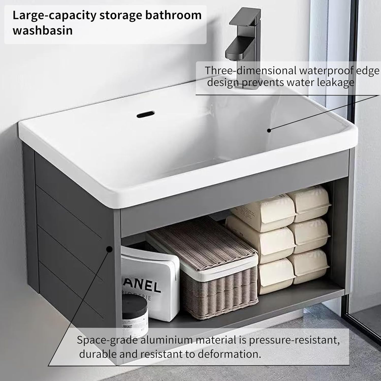 18-inch Wall-Mounted Floating Gray Open Bathroom Vanity with Ceramic Basin Compact Mini Sink Unit