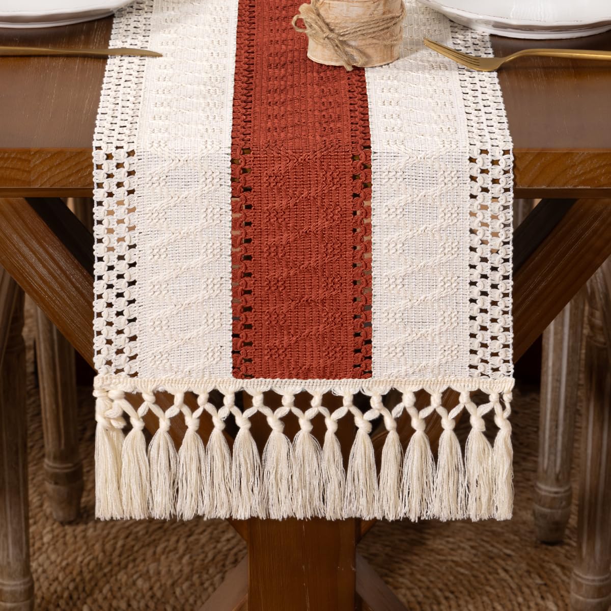 DeZerlor Boho Macrame Table Runner Farmhouse Woven Small Table Runner with Tassels 48 Inches Ivory& Burlap Brown Cotton Linen Kitchen Table Decor for Dining Dresser Home Tea Table Decor