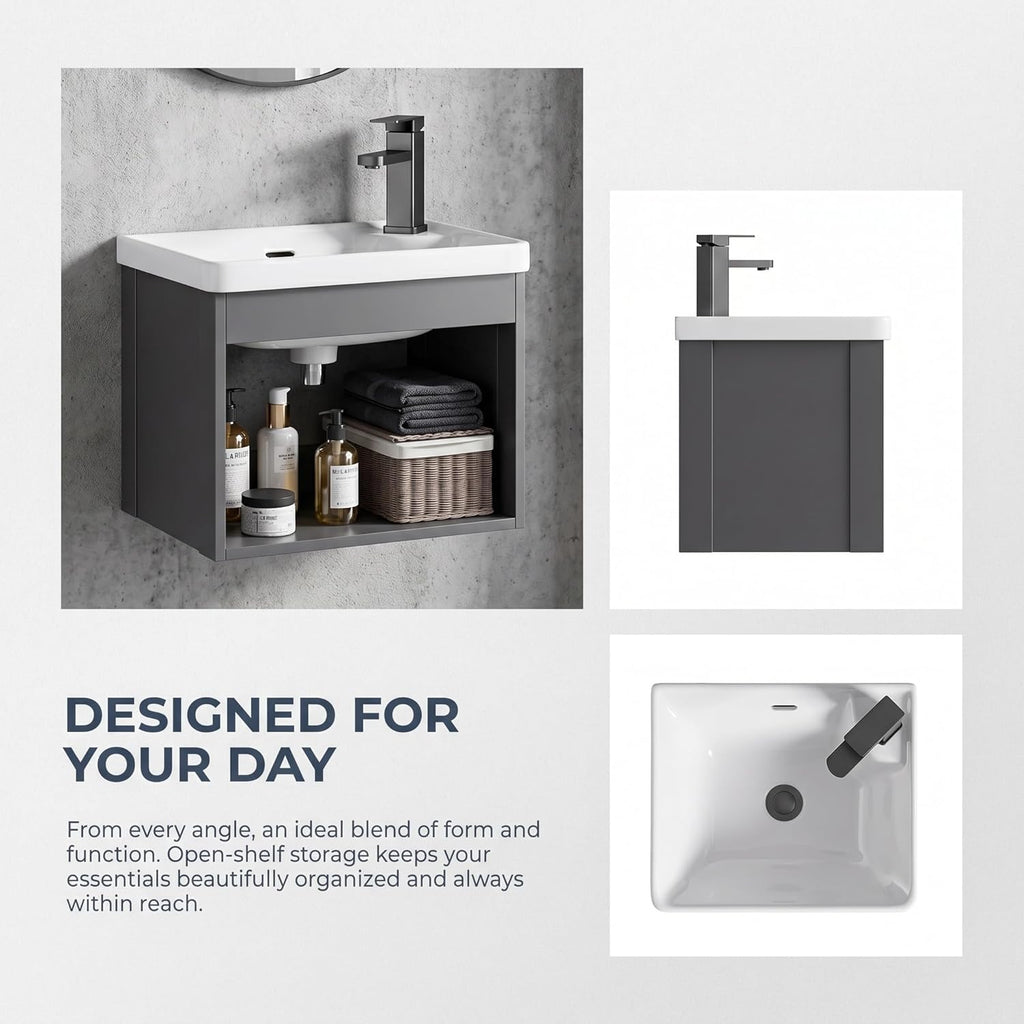 Wall-Mounted Floating Gray 18-inch Open Bathroom Vanity with Ceramic Basin Compact mini Sink Unit