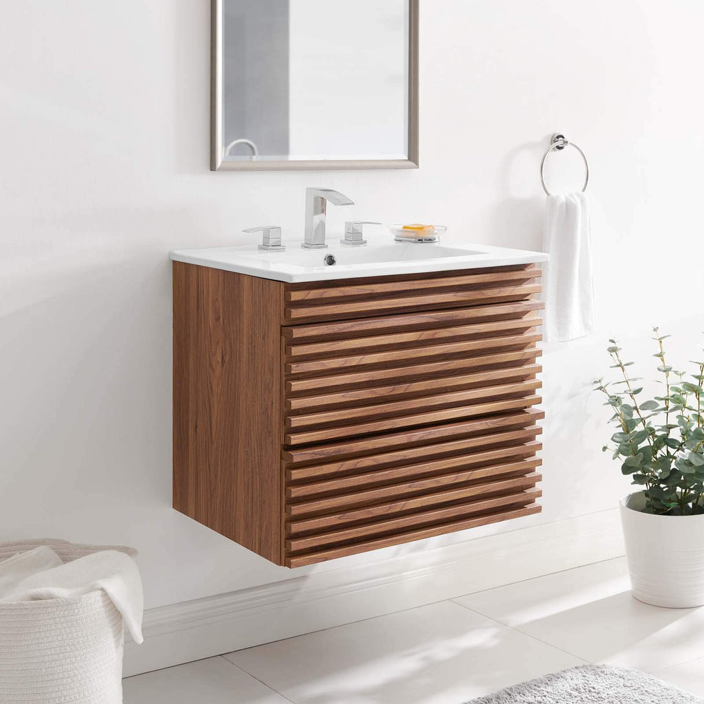 Modway Render 36" Wall-Mount Bathroom Vanity in Walnut White