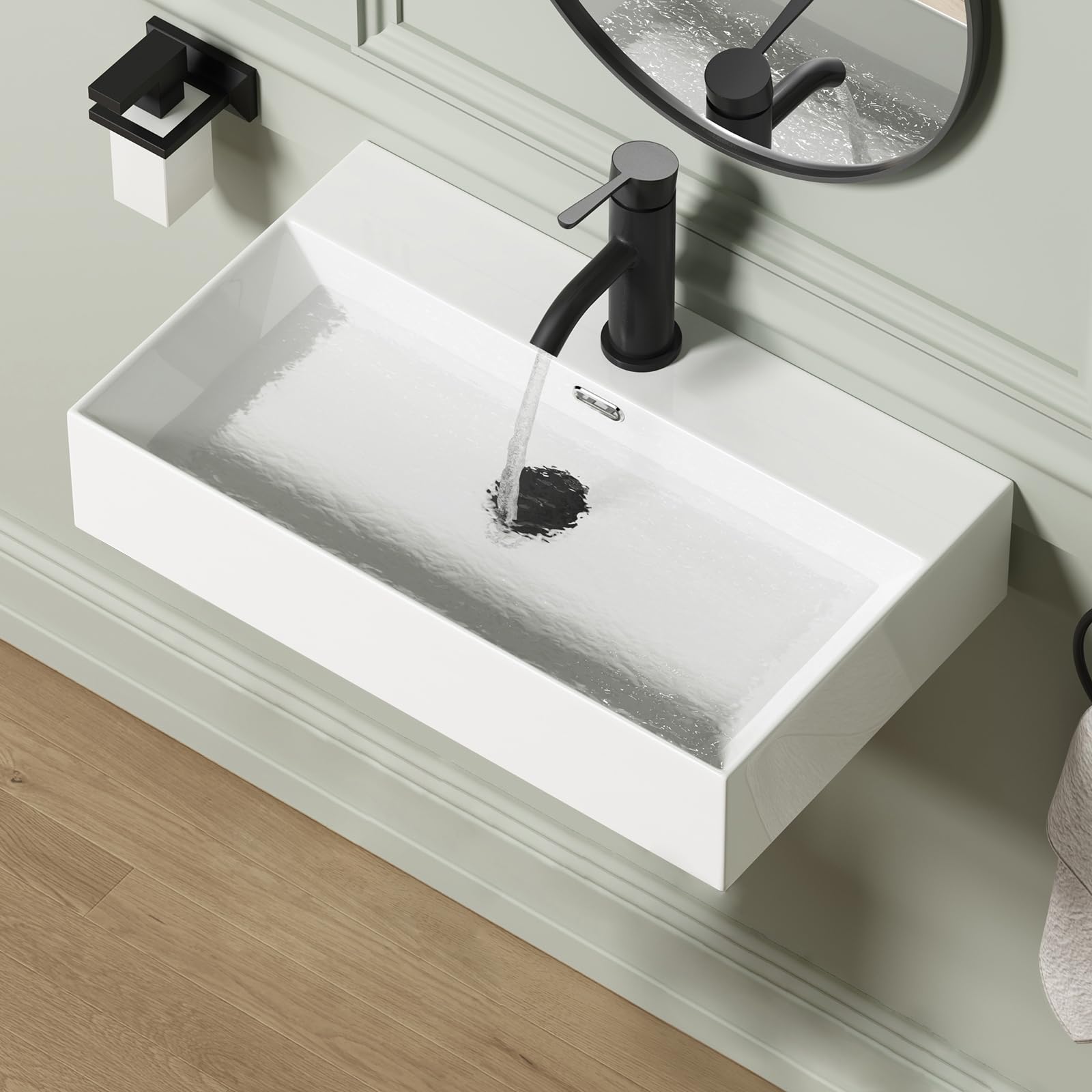 Wall Mounted Bathroom Vessel Sink, QISHKA 15" X 12" Rectangular Floating Ceramic Wash Hand Basin White Wall Hung Vanity Sink for Bathroom and Cloakroom