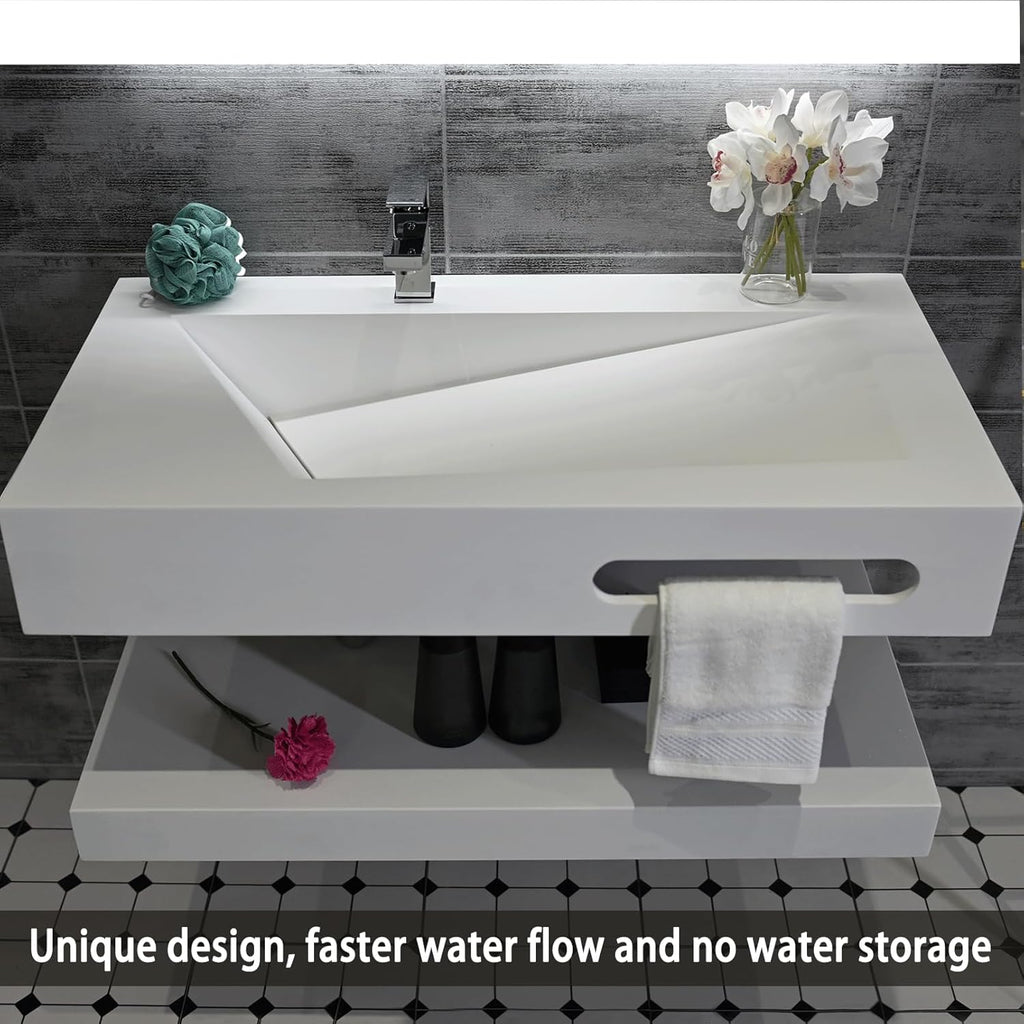32"x19" Wall Mount Bathroom Vanity with Sink Stone Resin Floating Vanity Sink Rectangular Vessel Sinks for Bathroom White Trough Art Basin with Shelf Layer